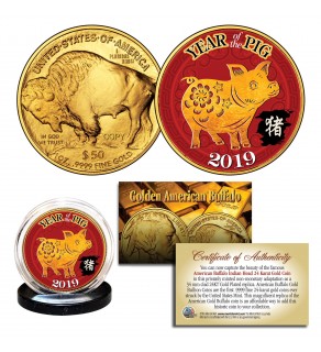 2019 Chinese New Year * YEAR OF THE PIG * 24 Karat Gold Plated $50 American Gold Buffalo Indian Tribute Coin