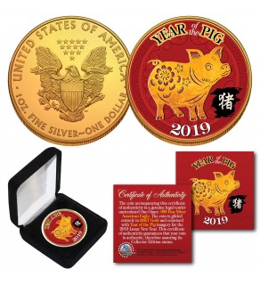 2019 Chinese New Year * YEAR OF THE PIG * 24K Gold Plated 1 OZ AMERICAN SILVER EAGLE Coin with DELUXE BOX
