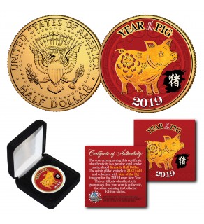 2019 Chinese New Year * YEAR OF THE PIG * 24K Gold Plated JFK Kennedy Half Dollar Coin with DELUXE BOX