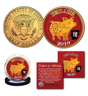 2019 Chinese New Year * YEAR OF THE PIG * 24K Gold Plated JFK Kennedy Half Dollar U.S. Coin