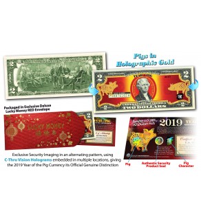 2019 Chinese New Year - YEAR OF THE PIG - Gold Hologram Red Lunar Legal Tender U.S. $2 BILL - $2 Lucky Money with Red Envelope ***SOLD OUT*** 