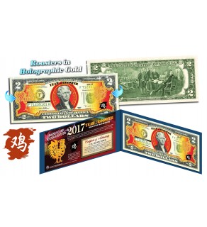 2017 Chinese New Year - YEAR OF THE ROOSTER - Gold Hologram Legal Tender U.S. $2 BILL - $2 Lucky Money with Blue Folio