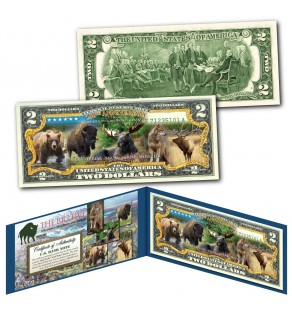 THE BIG 5 Animals - YELLOWSTONE National Park 150 Years of Wildlife Genuine Official Legal Tender U.S. $2 Bill (Moose, Elk, Bison, Wolf, and Grizzly Bear)