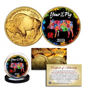 2019 Chinese New Year * YEAR OF THE PIG * 24 Karat Gold Plated $50 American Gold Buffalo Indian Tribute Coin - PolyChrome