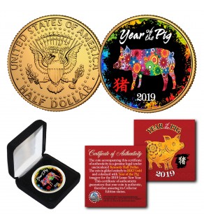 2019 Chinese New Year * YEAR OF THE PIG * 24K Gold Plated JFK Kennedy Half Dollar Coin with DELUXE BOX - PolyChrome