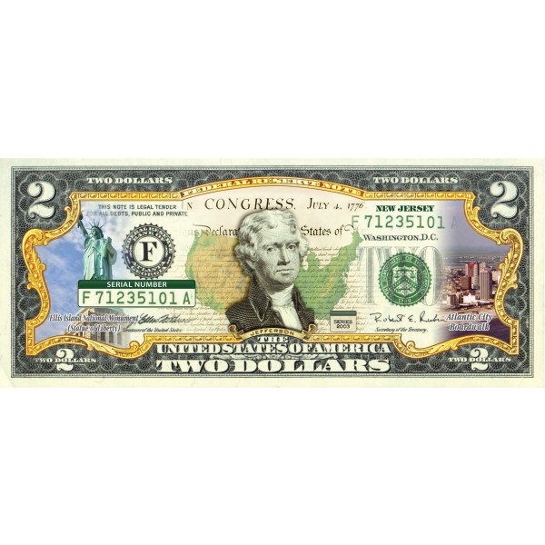 $2 Bill w//Security Features NEW JERSEY State//Park COLORIZED Legal Tender U.S