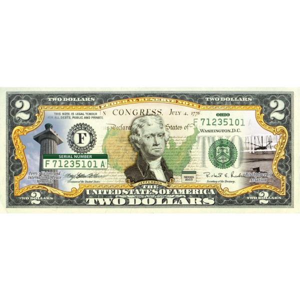 TWO DOLLAR $2 U.S Bill Genuine Legal Tender Currency COLORIZED 2-SIDED 