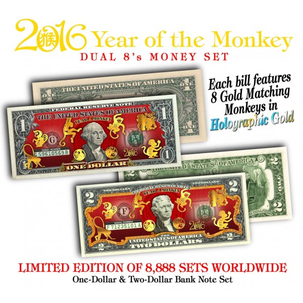 24KT GOLD 2016 Chinese New Year YEAR OF THE MONKEY US $1 BILL Lucky Money