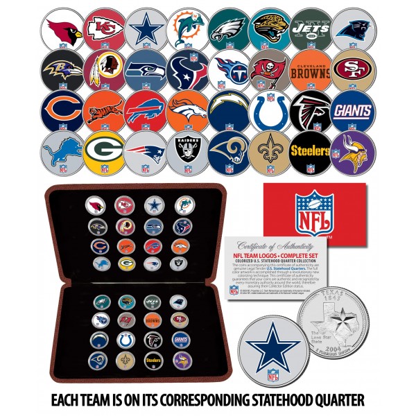 NFL TEAM LOGOS COMPLETE SET Colorized U.S. Statehood Quarters 32-Coin