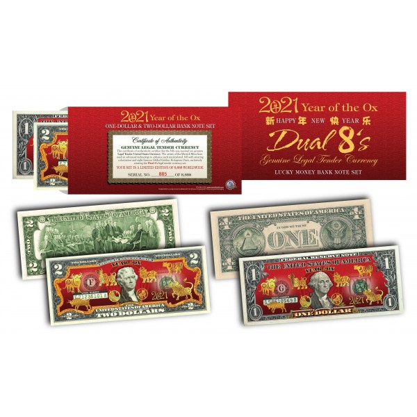 2021 Chinese YEAR of the OX Red Lunar Metallic Lucky 8 Genuine $1 Bill w/ Folder 
