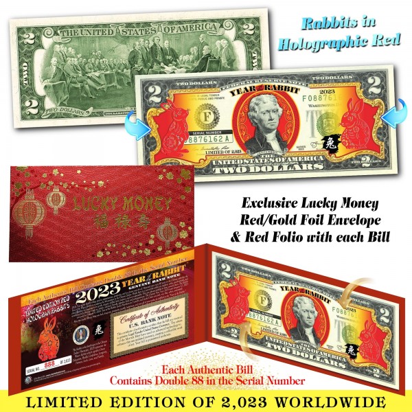 2023 Chinese New Year - YEAR OF THE RABBIT - Red Hologram Legal Tender U.S.  $2 BILL - $2
