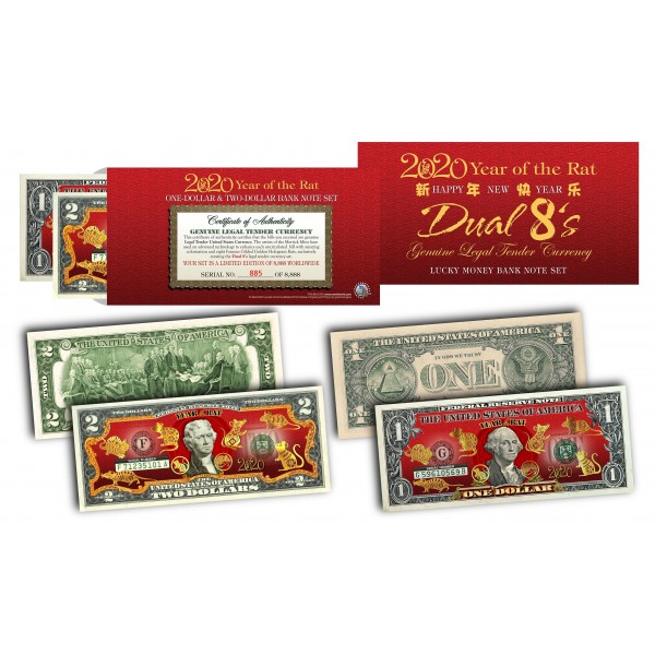 2019 Chinese New YEAR of the PIG Lunar Red Lucky Eight 8's $2 US Bill w/Foldover 