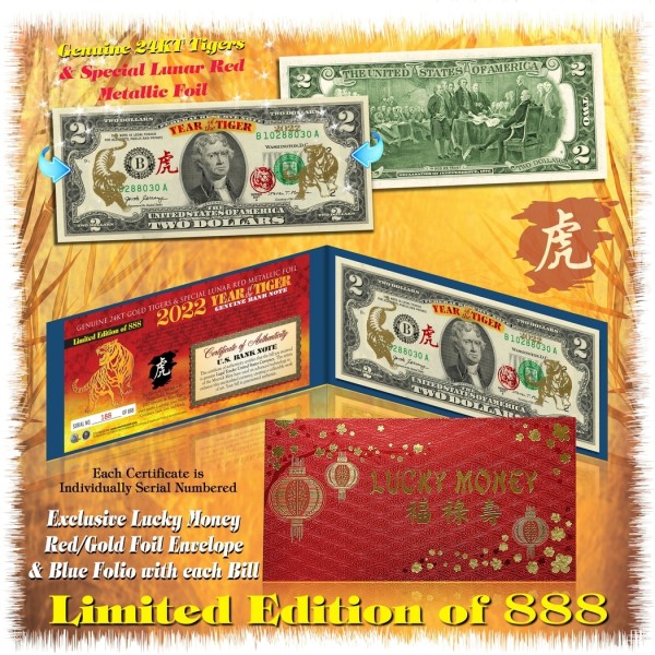 Chinese Zodiac YEAR OF THE TIGER Colorized $2 Bill US Legal Tender Lucky Money