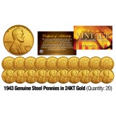 1943 Genuine Steel WWII Lincoln Wheat Penny US Coin 24K GOLD PLATED (QTY: 20) 