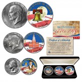 1976 Bicentennial COLORIZED Patriotic Genuine U.S. Coin Set JFK Half Dollar / IKE Dollar / Quarter Dollar 3-Coin Collection with Display Box