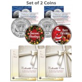 CHRISTMAS - SEASONS GREETINGS - SANTA - Kennedy JFK Half Dollar US 2-Coin Set