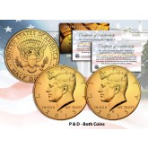 24K GOLD PLATED 2015 JFK Kennedy Half Dollar US 2-Coin Set - P&D MINT - with Capsules
