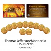 Thomas Jefferson 1970's 1980's 1990's U.S. NICKELS Uncirculated 24KT Gold Plated - QTY 10