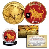 2021 Chinese New Year * YEAR OF THE OX * 24 Karat Gold Plated $50 American Gold Buffalo Indian Tribute Coin