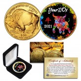 2021 Chinese New Year * YEAR OF THE OX * 24 Karat Gold Plated $50 American Gold Buffalo Indian Tribute Coin with DELUXE BOX - PolyChrome