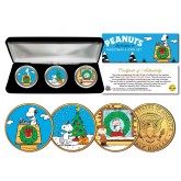 PEANUTS CHRISTMAS Charlie Brown - Snoopy - Tree JFK Half Dollars 3-Coin 24KT Gold Plated Set with Box