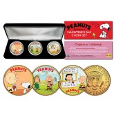PEANUTS VALENTINE'S DAY - Snoopy - Lucy - Peppermint Patty - Charlie Brown JFK Half Dollars 3-Coin 24KT Gold Plated Set with Box