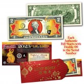 2023 Chinese New Year - YEAR OF THE RABBIT - Gold Hologram Legal Tender U.S. $2 BILL - $2 Lucky Money with Red Envelope