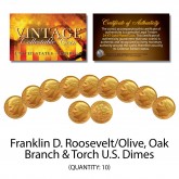 Franklin D Roosevelt 1970's U.S. DIMES Uncirculated 24KT Gold Plated - QTY 10