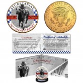 SECRETARIAT Triple Crown FAMOUS PHOTO 50th Anniversary Official Genuine 24K Gold Plated JFK Kennedy Half Dollar U.S. Coin with "The Famous Photo" Panoramic Display Certificate of Authenticity